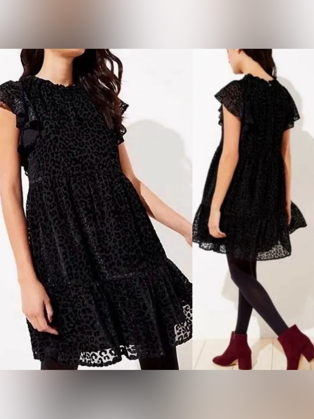 LOFT Black Leopard-Print Tiered  Dress Small
